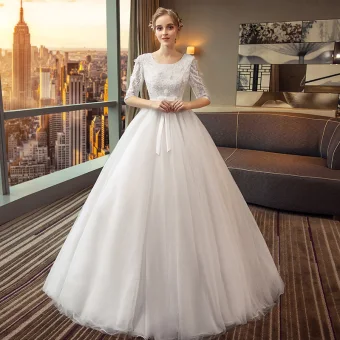 Chic Beautiful Black Wedding Dresses 2018 A Line Princess Bow Lace Sequins Scoop Neck 1 2 Sleeves Floor Length Long Wedding