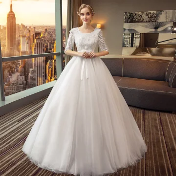 Chic Beautiful Black Wedding Dresses 2018 A Line Princess Bow Lace Sequins Scoop Neck 1 2 Sleeves Floor Length Long Wedding