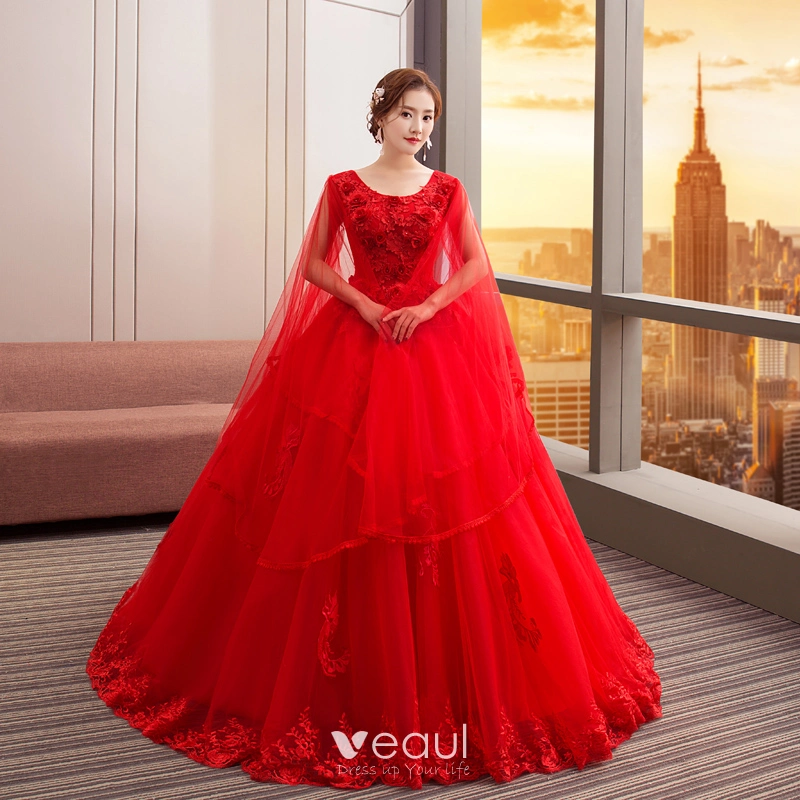 Chic / Beautiful Red Wedding Dresses 2018 Ball Gown Lace Flower Pearl ...