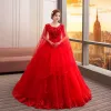 Chic / Beautiful Red Wedding Dresses 2018 Ball Gown Lace Flower Pearl Sequins Scoop Neck Long Sleeve Cathedral Train Wedding
