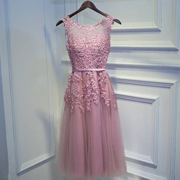 Simple Rose Bonbon Robe Demoiselle D 039 Honneur 2017 Princesse En Dentelle Fleur Perlage Encolure Dégagée Sans Manches Courte Robe Pour Mariage