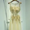 Chic / Beautiful Gold Formal Dresses 2017 A-Line / Princess Lace Flower Beading Sequins Scoop Neck Sleeveless Ankle Length Evening Dresses