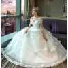 Elegant White Wedding Dresses 2017 Ball Gown Lace Flower Sequins Backless Off-The-Shoulder Short Sleeve Floor-Length / Long