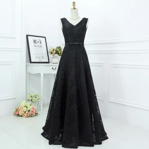 Classic Black Formal Dresses 2017 A Line Princess Lace Flower Bow V Neck Sleeveless Floor Length Long Evening Dresses