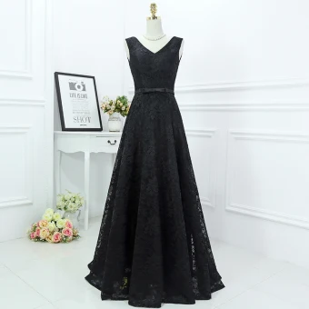 Classic Black Formal Dresses 2017 A Line Princess Lace Flower Bow V Neck Sleeveless Floor Length Long Evening Dresses