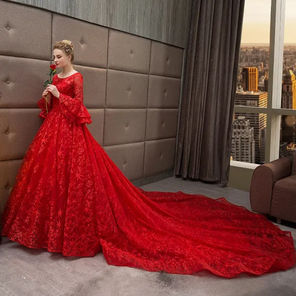 Chic / Beautiful Red Wedding Dresses 2018 Ball Gown Star Scoop Neck Long Sleeve Backless Cathedral Train Wedding