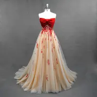 Piękne Szampan Sukienki Na Bal 2018 Princessa Z Koronki Kwiat Kokarda Bez Ramiączek Bez Pleców Bez Rękawów Trenem Sweep Sukienki Wizytowe