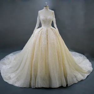 Luksus Champagne Brudekjoler 2018 Ballkjole Beading Krystall Blonder Blomst V Hals Langermede Ryggløse Royal Train Bryllup