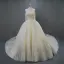 Luxury / Gorgeous Champagne Wedding Dresses 2018 Ball Gown Lace Flower Beading Sequins Strapless Short Sleeve Backless Royal Train Wedding