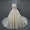 Luxury / Gorgeous Champagne Wedding Dresses 2018 Ball Gown Lace Flower Beading Sequins Strapless Short Sleeve Backless Royal Train Wedding