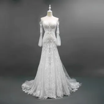 Sexy Ivory Wedding Dresses 2018 Trumpet Mermaid Lace Flower Off The Shoulder Backless Long Sleeve Sweep Train Wedding