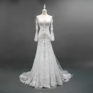 Sexy Ivory Creme Brautkleider 2018 Mermaid Mit Spitze Blumen Off Shoulder Rückenfreies Lange Ärmel Sweep Pinsel Zug Hochzeit