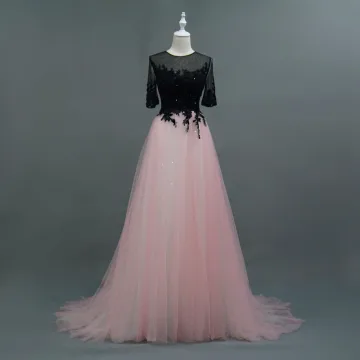 Sparkly Pearl Pink Evening Dresses 2018 A Line Princess Beading Lace Flower Scoop Neck 1 2 Sleeves Sweep Train Formal Dresses