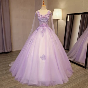 Elegant Lavender Prom Dresses 2018 Ball Gown Appliques Lace Flower Beading Pearl Sequins Scoop Neck Backless Sleeveless Watteau Train
