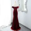 Sexy Burgundy Sequins Velvet Evening Dresses 2024 Trumpet / Mermaid Off-The-Shoulder Sleeveless Backless Sweep Train Evening Party Formal Dresses