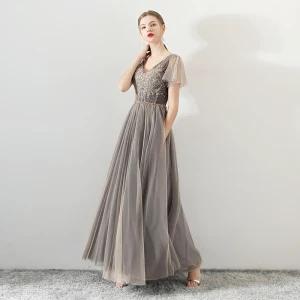 Moderne Mode Champagne Noire Robe De Bal 2018 Princesse Paillettes En Dentelle Fleur V Cou Manches Courtes Dos Nu Longueur Cheville Robe De Ceremonie