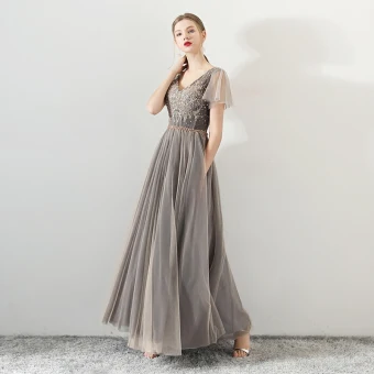 Moderne Mode Champagne Noire Robe De Bal 2018 Princesse Paillettes En Dentelle Fleur V Cou Manches Courtes Dos Nu Longueur Cheville Robe De Ceremonie