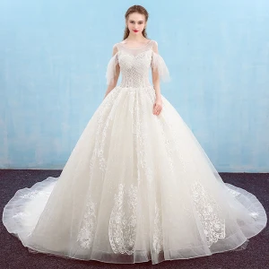 Elegant Elfenben Brudekjoler 2018 Ballkjole Beading Paljetter Krystall Blonder Blomst Scoop Halsen Ryggløse Uten Ermer Cathedral Train Bryllup