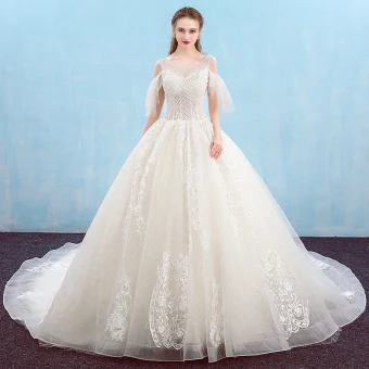 Élégant Ivoire Robe De Mariée 2018 Robe Boule Perlage Paillettes Cristal En Dentelle Fleur Encolure Dégagée Dos Nu Sans Manches Cathedral Train Mariage