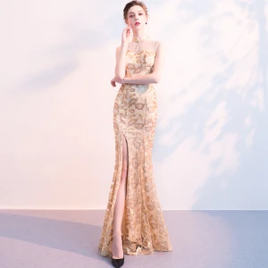 Style Chinois Champagne Robe De Soirée 2018 Trompette Sirène Paillettes Faux Diamant Col Haut Sans Manches Longue Robe De Ceremonie