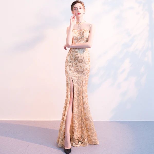Chinese style Champagne Evening Dresses 2018 Trumpet / Mermaid Sequins Rhinestone High Neck Sleeveless Floor-Length / Long Formal Dresses