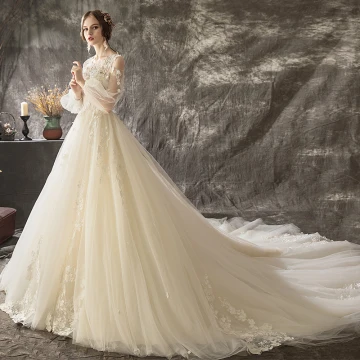Charming Champagne Wedding Dresses 2018 A Line Princess Lace Flower Appliques Pearl Scoop Neck Long Sleeve Backless Cathedral Train Wedding