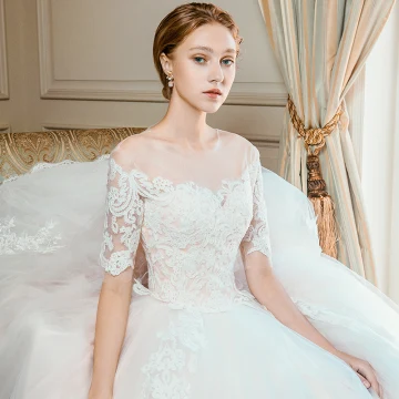 Elegant Champagne Wedding Dresses 2018 Ball Gown Lace Flower Scoop Neck Short Sleeve Cathedral Train Wedding