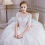 Elegante Champagne Trouwjurken 2018 Baljurk Kant Bloem Kralen Parel Ronde Hals 1/2 Mouwen Cathedral Train Huwelijk