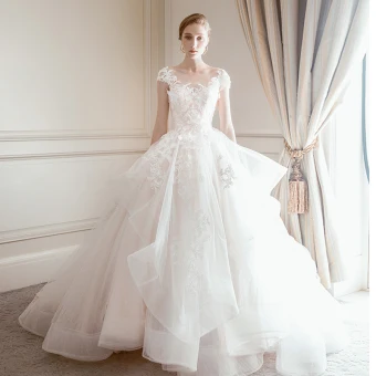 Elegant Champagne Wedding Dresses 2018 Ball Gown Lace Flower Scoop Neck Backless Cap Sleeves Cathedral Train Wedding