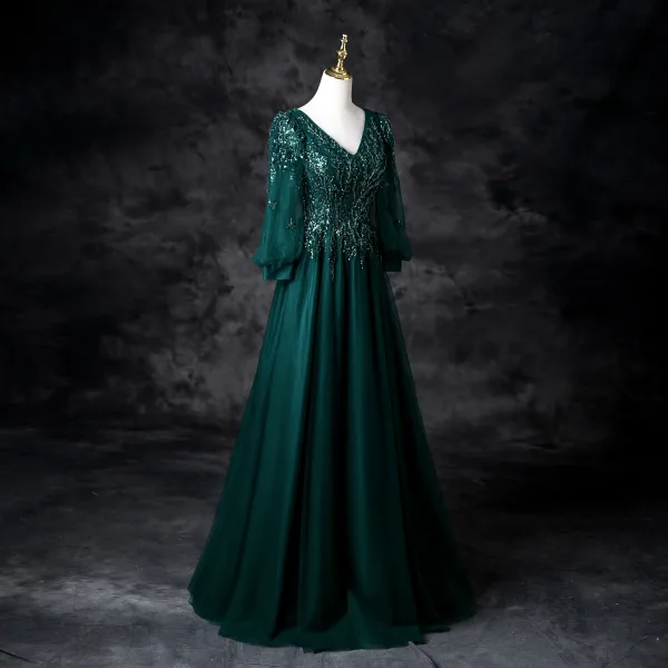 Vintage / Retro Dark Green Beading Sequins Prom Dresses 2025 A-Line / Princess V-Neck 3/4 Sleeve Backless Floor-Length / Long Prom Formal Dresses