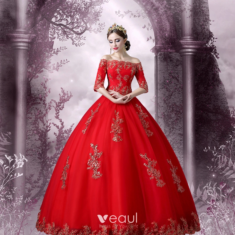 Amazing / Unique Formal Dresses 2017 Ball Gown Lace Flower Backless Off-The-Shoulder 1/2 Sleeves Floor-Length / Long Prom Dresses
