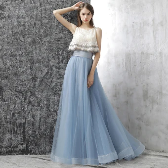 Bohemia 2 Piece Prom Dresses 2017 A Line Princess Sleeveless Beading Pearl Flower Ruffle Formal Dresses Sweep Train