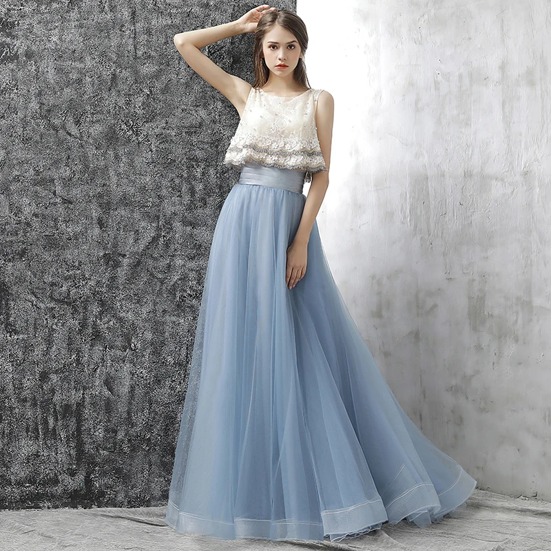 Bohemia 2 Piece Prom Dresses 2017 A-Line Princess Sleeveless Beading Pearl Flower Ruffle