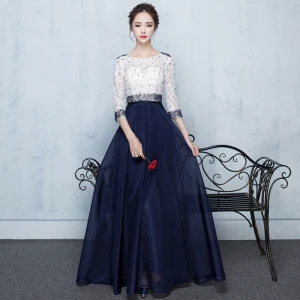 Élégant Robe De Ceremonie 2017 Princesse Dentelle Fleur Perlage Paillettes 3 4 Manches Encolure Dégagée Longueur Cheville Robe De Bal