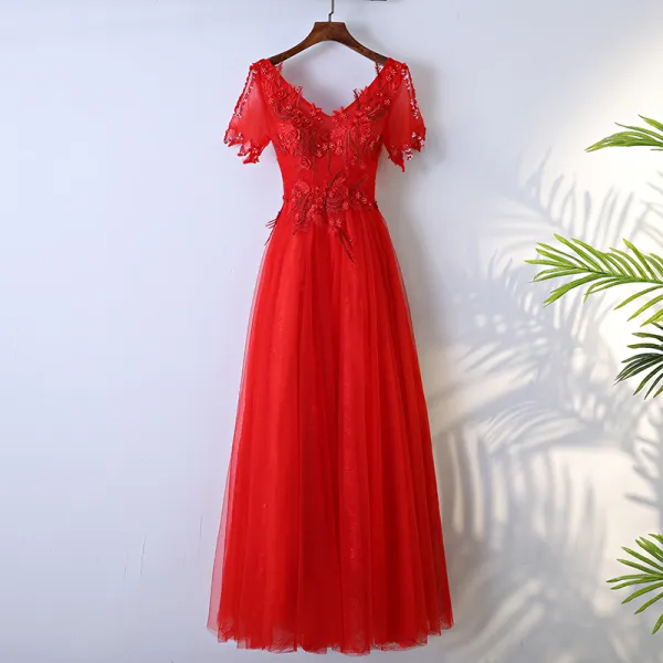 Chic / Beautiful Red Formal Dresses A-Line / Princess 2017 Lace Flower Backless Beading V-Neck Short Sleeve Floor-Length / Long Evening Dresses