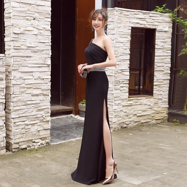 Sexy Black Formal Dresses 2017 Empire Bow Sequins Split Front One-Shoulder Floor-Length / Long Evening Dresses