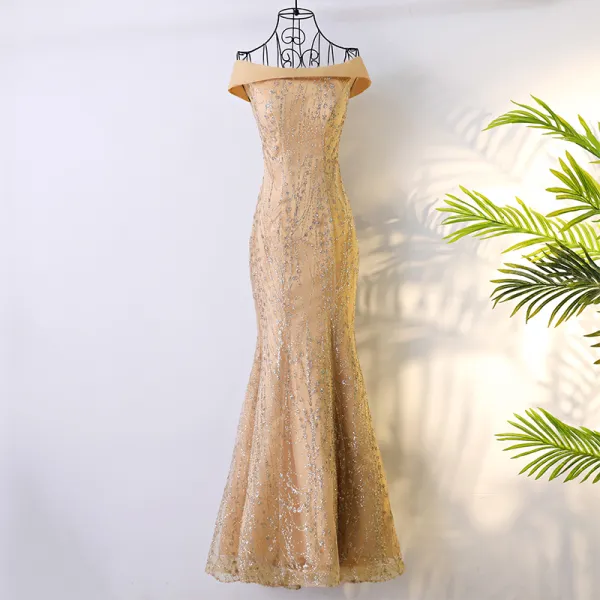 Elegant Gold Formal Dresses 2017 Trumpet / Mermaid Glitter Off-The-Shoulder Floor-Length / Long Evening Dresses