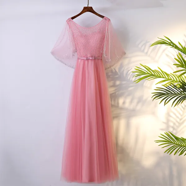 Chic / Beautiful Candy Pink Bridesmaid Dresses 2017 A-Line / Princess Lace Bow Beading Backless Scoop Neck 3/4 Sleeve Ankle Length Wedding Party Dresses