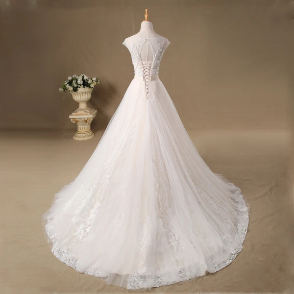 Elegant Handmade Champagne Wedding Dresses 2017 A-Line / Princess Scoop Neck Sleeveless Appliques Flower Lace Backless Beading Rhinestone Court Train