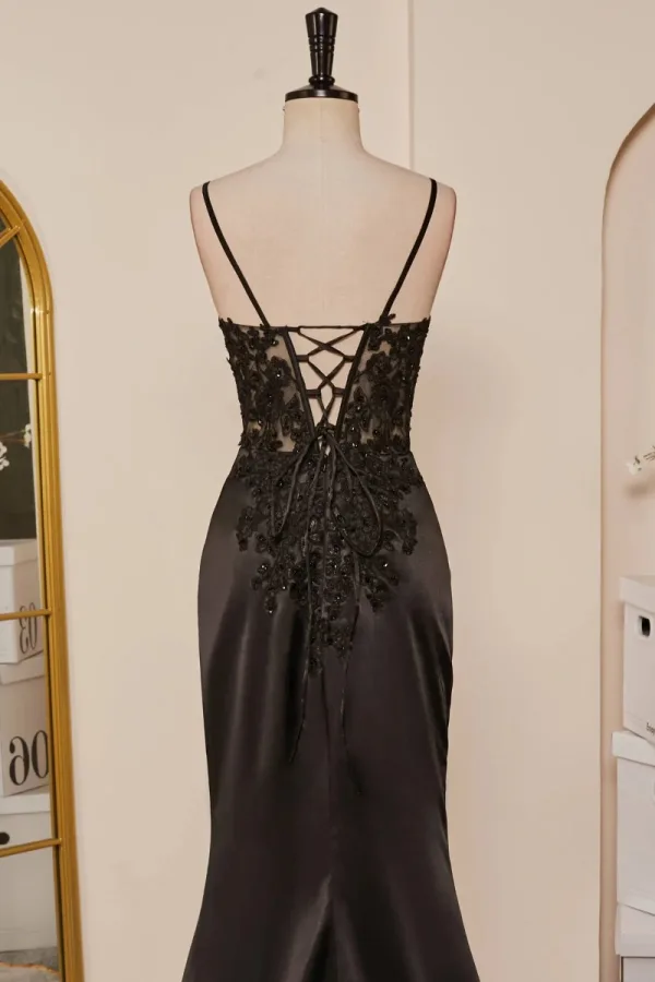 Sexy Black Satin Lace Split Front Prom Dresses 2024 Crossed Straps Sleeveless Spaghetti Straps Trumpet / Mermaid Floor-Length / Long Formal Dresses