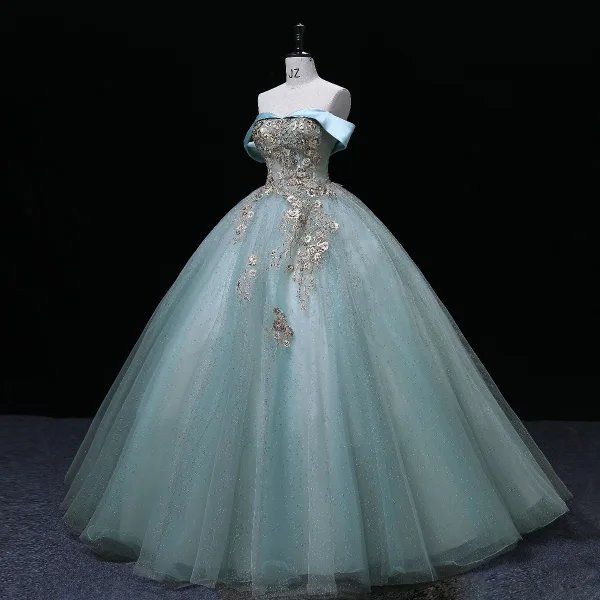 Elegant Mint Green Lace Flower Sequins Formal Dresses 2022 Ball Gown Off-The-Shoulder Sleeveless Backless Floor-Length / Long Prom Dresses