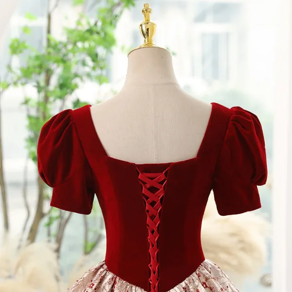 Elegant Burgundy Printing Prom Dresses 2023 Ball Gown Square Neckline Sequins Short Sleeve Backless Floor-Length / Long Prom Formal Dresses
