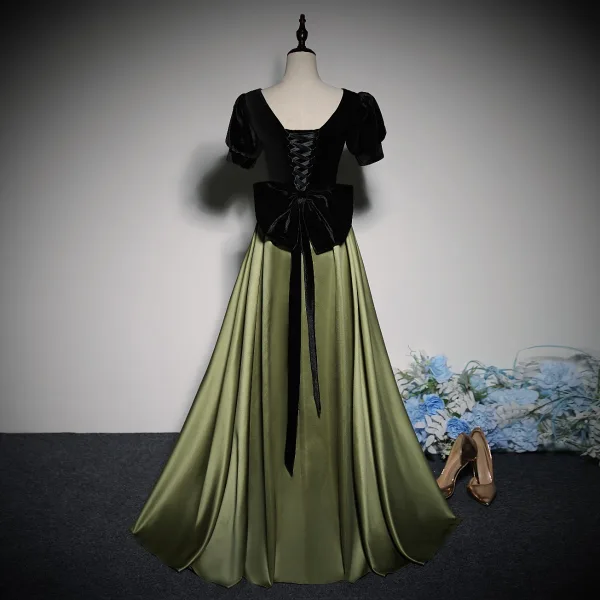 Vintage / Retro Dark Green Velvet Prom Dresses 2023 A-Line / Princess V-Neck Short Sleeve Backless Bow Floor-Length / Long Prom Formal Dresses