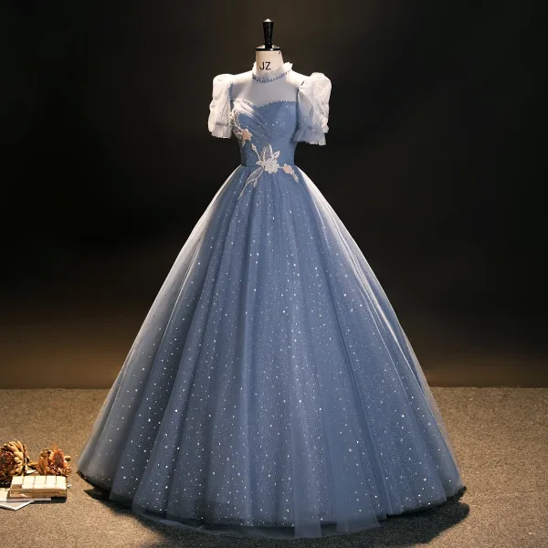 Elegant Bling Bling Sky Blue Beading Star Sequins Prom Dresses 2023 Ball Gown High Neck Short Sleeve Backless Floor-Length / Long Formal Dresses