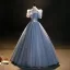Elegant Bling Bling Sky Blue Beading Star Sequins Prom Dresses 2023 Ball Gown High Neck Short Sleeve Backless Floor-Length / Long Formal Dresses