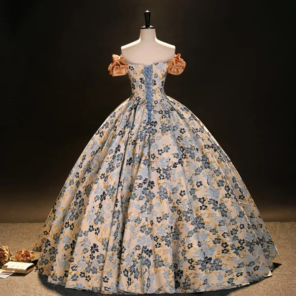 Elegant Champagne Printing Prom Dresses 2023 Ball Gown Off-The-Shoulder Short Sleeve Backless Floor-Length / Long Formal Dresses