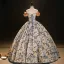 Elegant Champagne Printing Prom Dresses 2023 Ball Gown Off-The-Shoulder Short Sleeve Backless Floor-Length / Long Formal Dresses