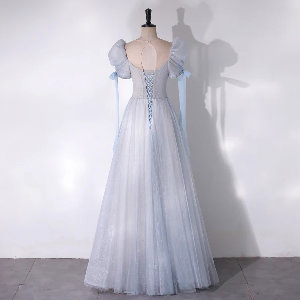 Chic / Beautiful Sky Blue Glitter Rhinestone Prom Dresses 2024 A-Line / Princess Scoop Neck Short Sleeve Backless Floor-Length / Long Prom Formal Dresses