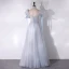 Chic / Beautiful Sky Blue Glitter Rhinestone Prom Dresses 2024 A-Line / Princess Scoop Neck Short Sleeve Backless Floor-Length / Long Prom Formal Dresses