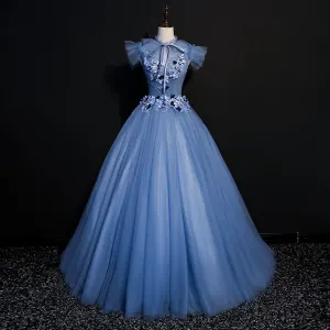 Vintage Oceaan Blauw Galajurken 2018 Baljurk Kant Bloem Appliques Strik Ronde Hals Ruglooze Korte Mouwen Lange Gelegenheid Jurken